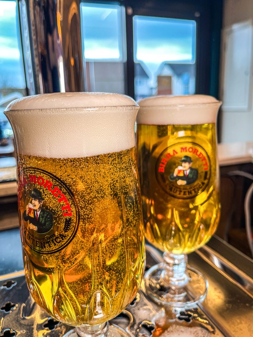 Two glasses of Birra Moretti draught lager at Deli's Kitchen