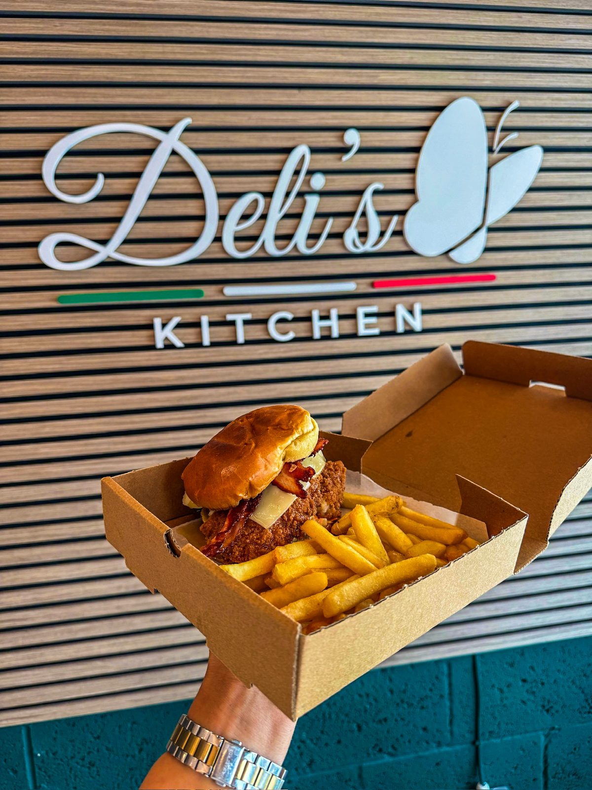 Burger and fries at Deli's Kitchen